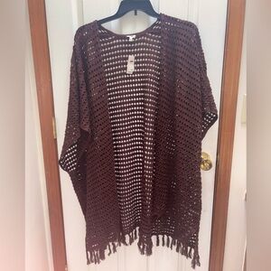 aerie Brown Open-Knit Crochet Kimono
